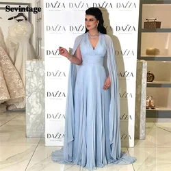 Customized Baby Blue Chiffon Saudi Arabia Long Prom Dresses Cape Sleeves  Formal Evening Party Dress Dubai Women Party Gowns