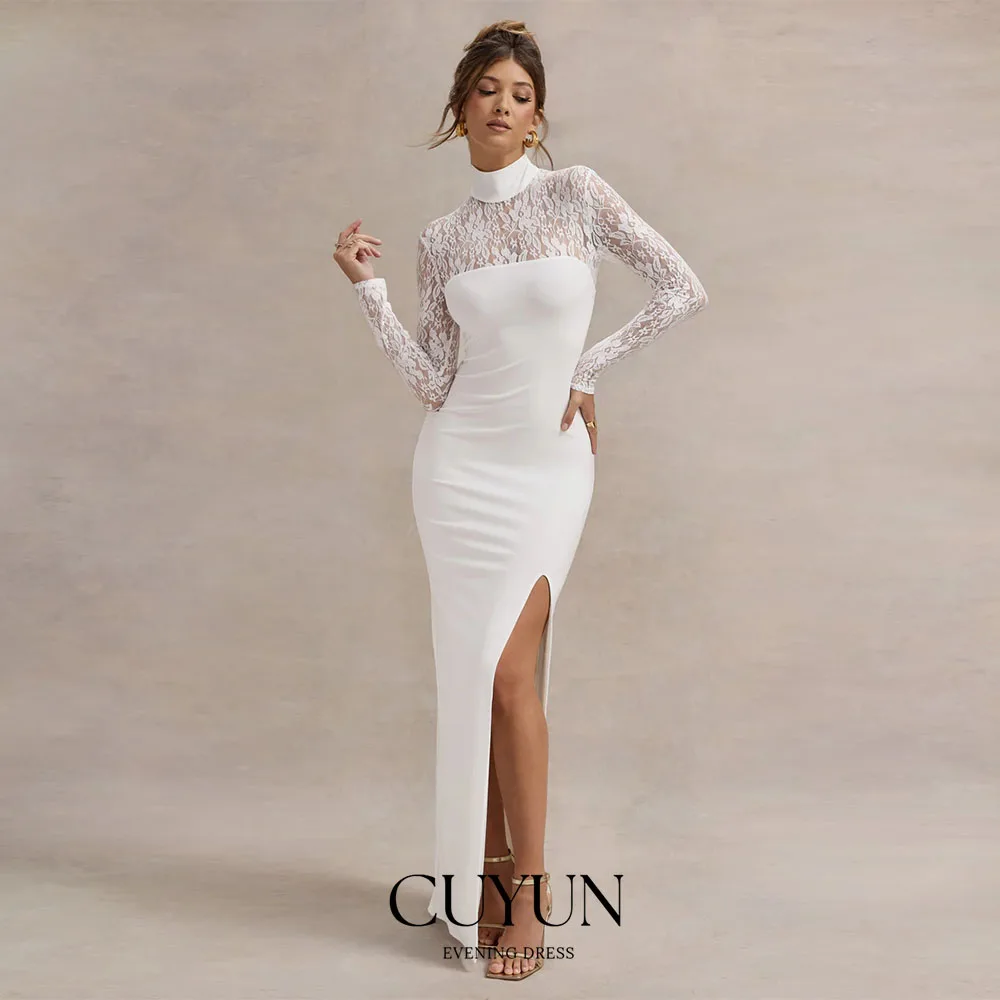 CUYUN Customized High Collar Long Sleeves Prom Dresses Lace Patchwork Side High Slit Floor-Length Dinner Evening Gown