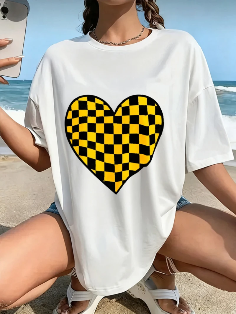 

Women's Loose Cotton Couple T-shirt with Heart-shaped Pattern and Yellow Herringbone Print Suitable for Outdoor Running Scenes