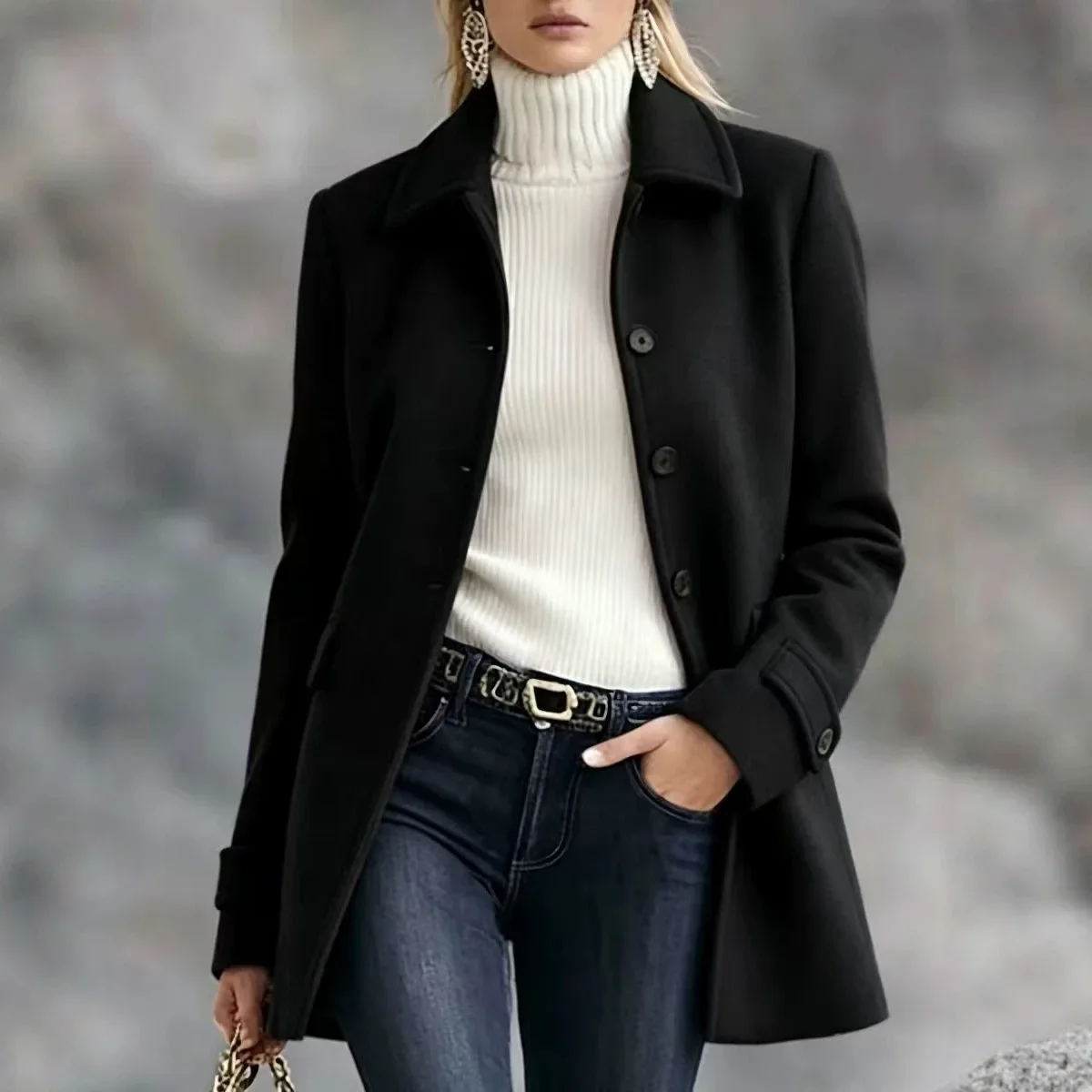 Midsize Wool Coat Long Trench Coat Winter Overcoat Notch Lapel Button Slim Fit Spring Autumn