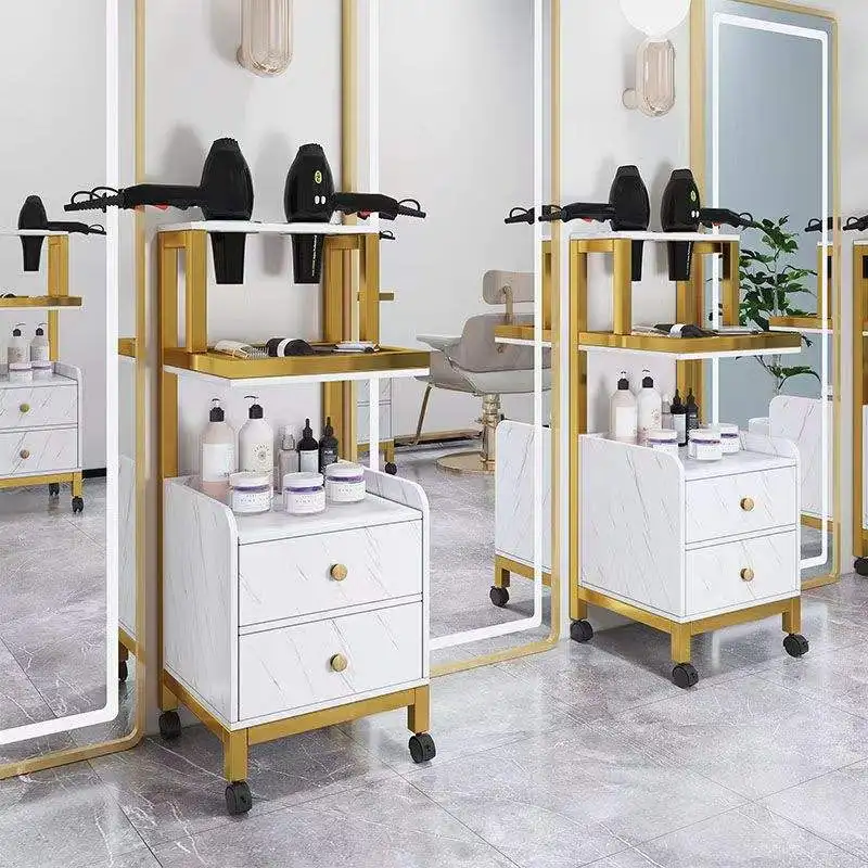 Barber Trolley Beauty Cmetal Gold White Hairdressing Hair Salon Equipment Salon Trolley Cart Tool Cabinet Multifunctional Rack