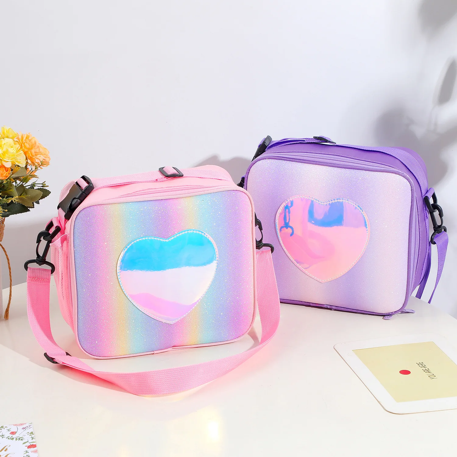 

Lunch Bag Rainbow Loving Heart Laser Portable Large Bento Pouch for Kids Girl Thermal Insulated Cooler Shoulder Bag Picnic Box