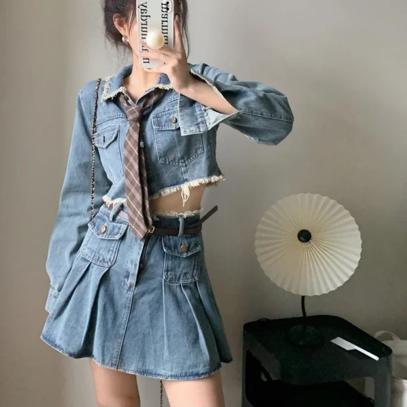 Autumn Y2K Denim Two Pieces Set Long Sleeve Short Jacket and High Waist Mini Pleated Skirts Suit with Ties Belts Women\'s Outfits