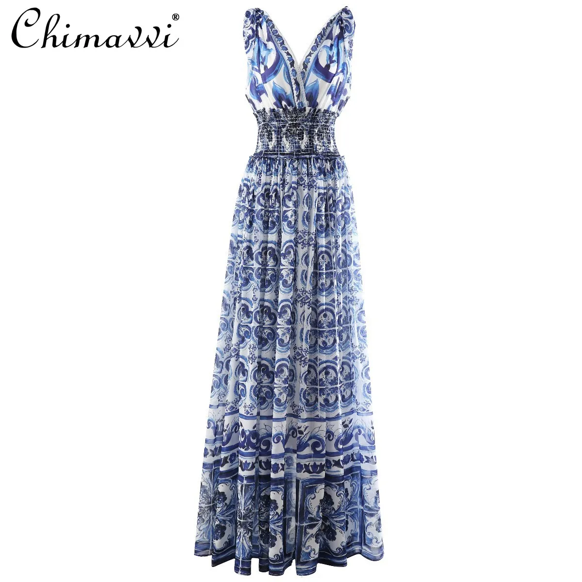 

Summer High Street Suspender Dress Women Fashion High Waist Blue and White Porcelain Printing Hepburn Style Elegant Blue Dress