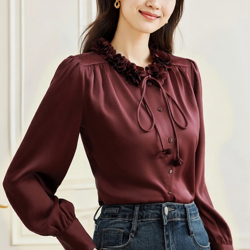 

Elegant Flower Collar Satin Shirts Women's Long Sleeve Business Bow Ribbon Wine Blouse Women Fashion Tops for Work Wear