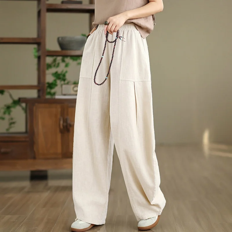 

Женские хлопково-льняные брюки-фонарики с высокой талией на резинке, весна 2026, ретро, повседневные, свободные, художественные, для тай-чи и йоги