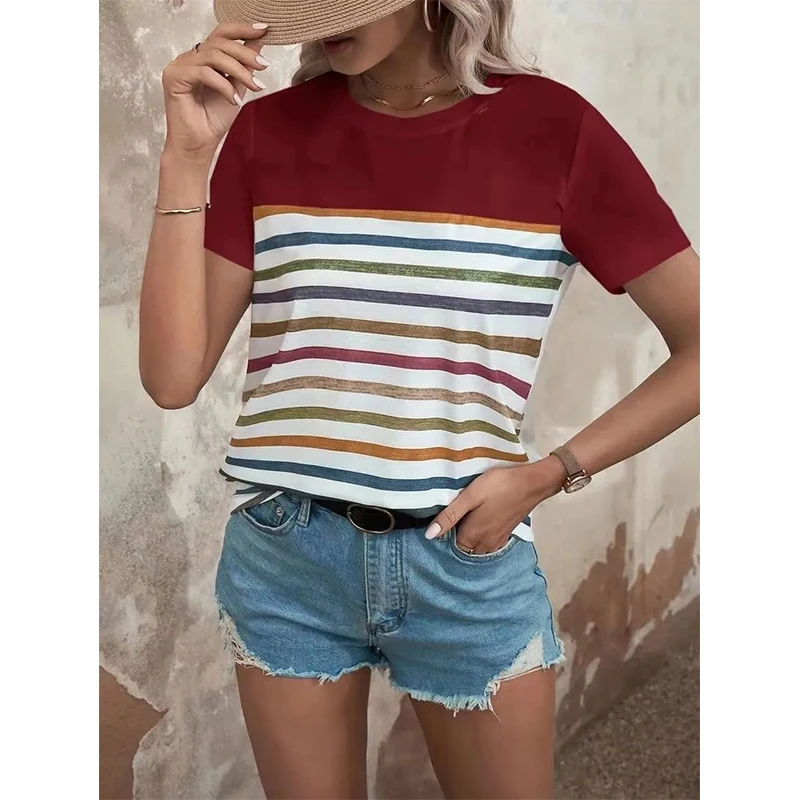 Summer Women\'s Fashion Stripe Pirnt T-Shirt Holiday Party Casual Shirt Harajuku Female Clothing Short-Sleeved Round Neck Tshirts