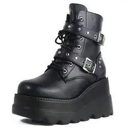 2025 Ankle Boots Platform Wedge Super High Heel Gothic Metal Heart Female Pumps Autumn Ladies Belt Round Toe Lolita Punk Shoe
