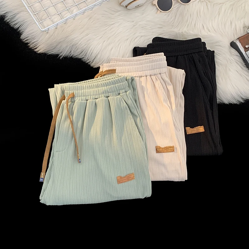 

Ice Silk Men's Summer Textured Drapey Casual Long Pants Loose Straight Spor Wide Leg Qui Dry Trendy Brand Youthful Sle