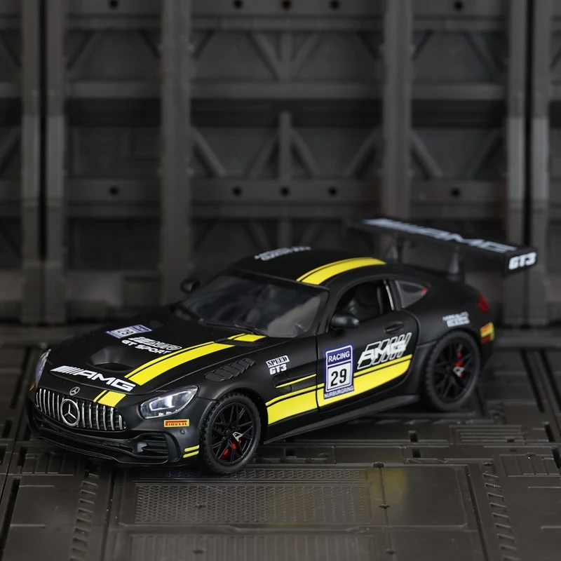 1:32 Mercedes Benz AMG GT-R adorno de modelo de coche de aleación, puertas y capó de motor, el maletero se puede abrir, juguetes eléctricos para niños
