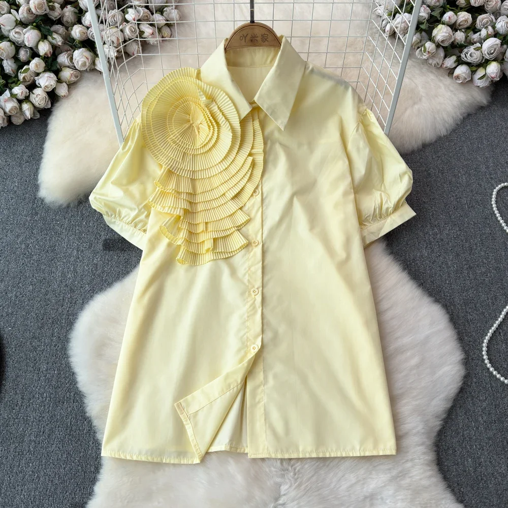 2024 Solid Summer Shirts&blouses 3D Flowers Vintage Korean Fashion Short Sleeve Women Tops Elegant Sweet Party Blusas Mujer