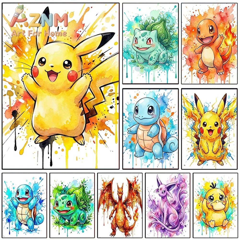 2D Flat Posters & Prints,Pikachu Watercolor Splash Canvas Wall Art,2D Flat Frameless Anime Monster Print,Home Decor for Kids B