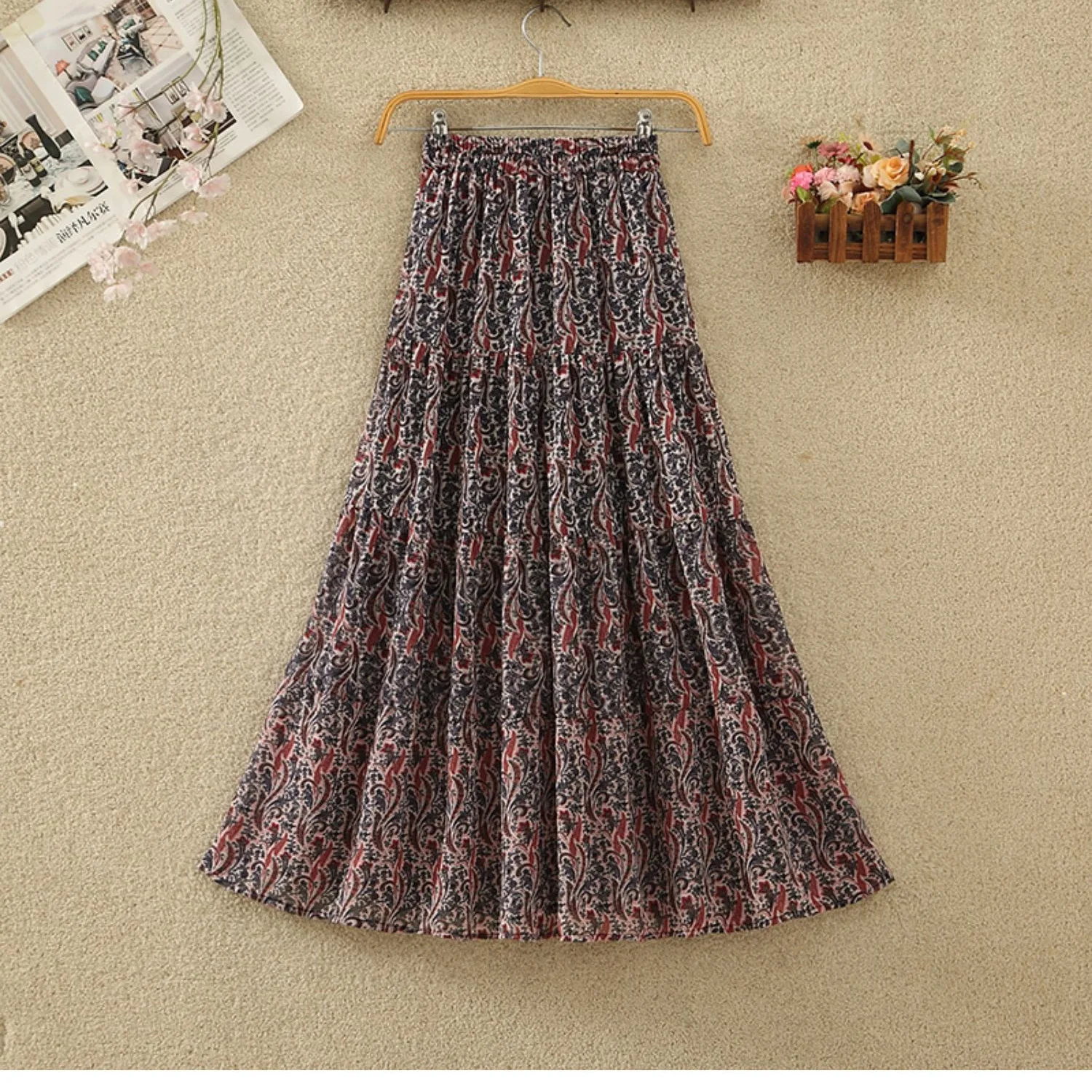 

Nighpha Ethnic Style Chiffon Midi Long Skirt for Women's Summer Elastic High Waist Print Patchwork Large Swing A-line Skirt