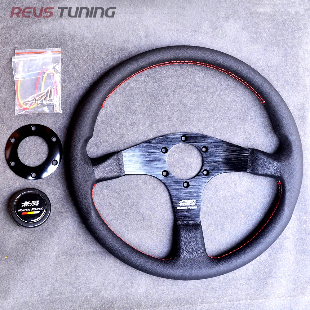 350mm Universal 14'' Leather Flat JDM Style Mugen Power Car Drift Sport Racing Steering Wheel For Honda view 3