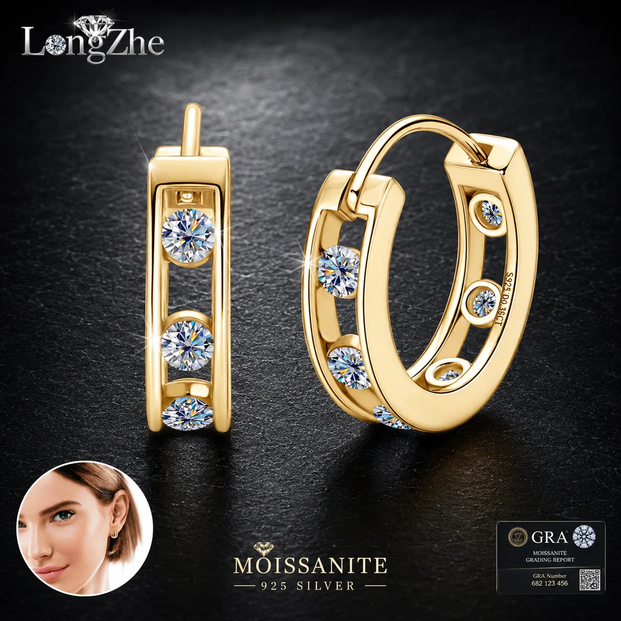 LongZhe S925 Silver Moissanite Hoop Earrings 0.36CT+0.36CT 2.5mm D Color GRA Certificate Diamond Tester Passed Fine Jewelry Gift