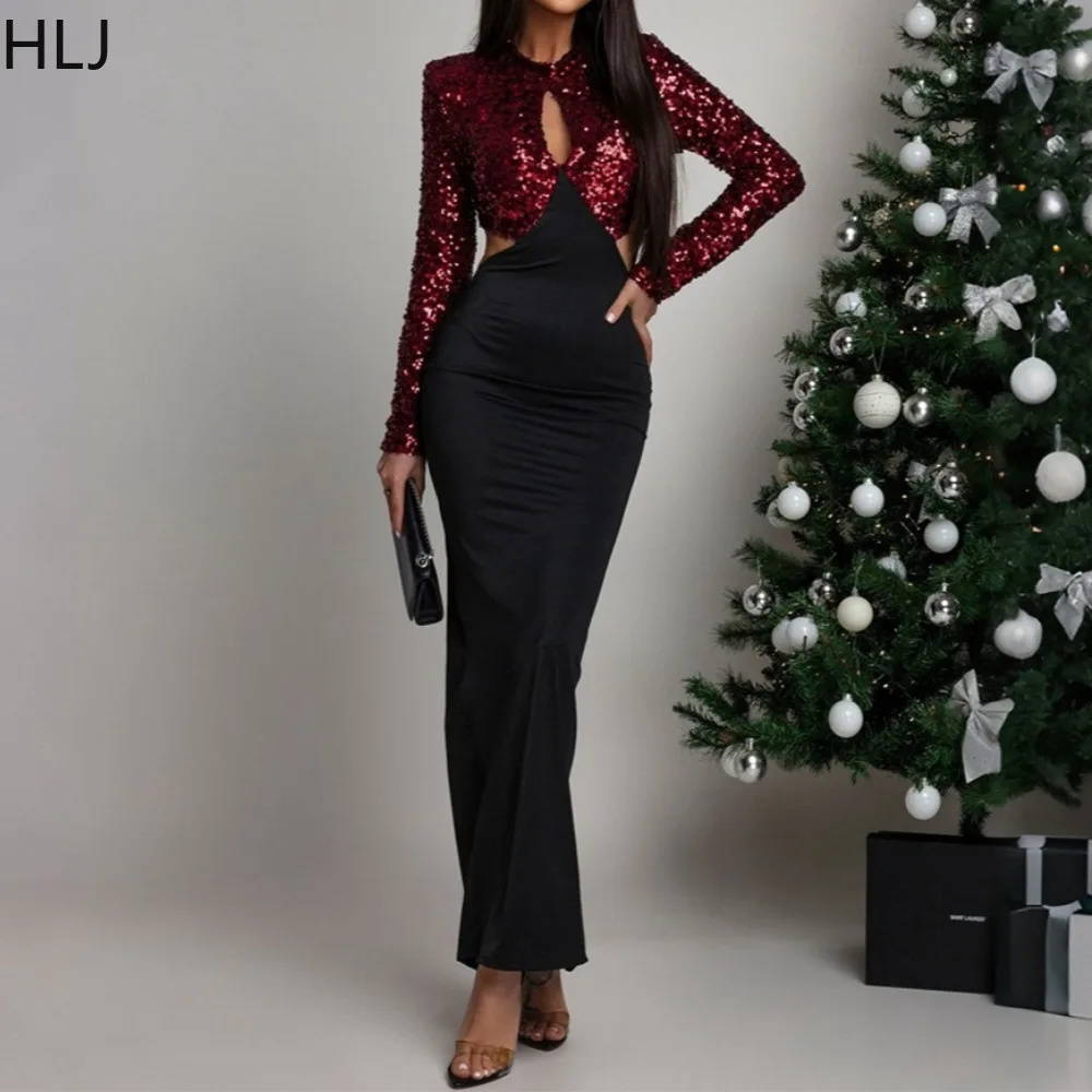 

HLJ Sexy Hollow-out Sequin Patchwork Bodycon Dress Woman Sparkling Long Sleeves Solid Color Dress Female Party Night Birthday