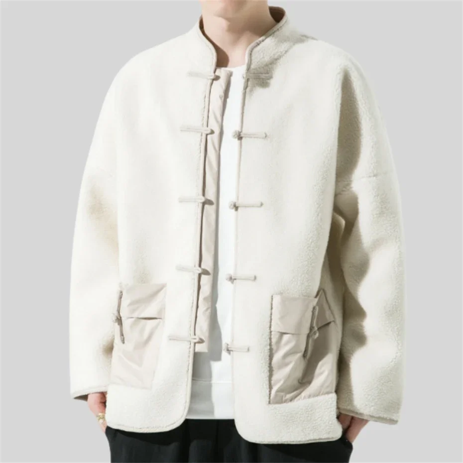 Parkas informales de lana de cordero para hombre, chaqueta gruesa de talla grande, chaqueta cálida de algodón con hebilla de disco, ropa de calle