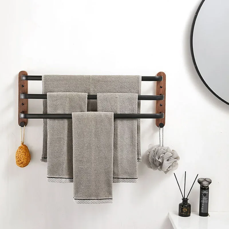 

40cm-60cm Wood Bathroom Towel Rack Black/White Aluminum Towel Holder Wall Hanging Multi Pole Triple Towel Bar With Hook