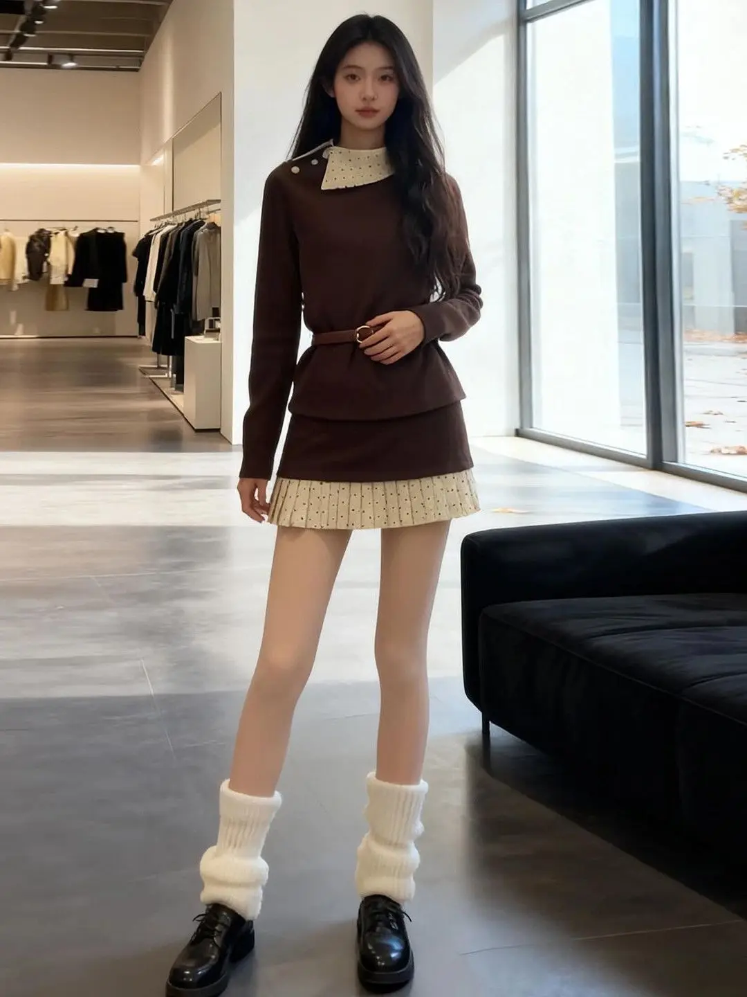 

Retro Polka Dot Color Block High Waist Short Skirt Set Women's Fashion Slim Fit Spring Autumn T-Shirt And Skirt Two Piece Set