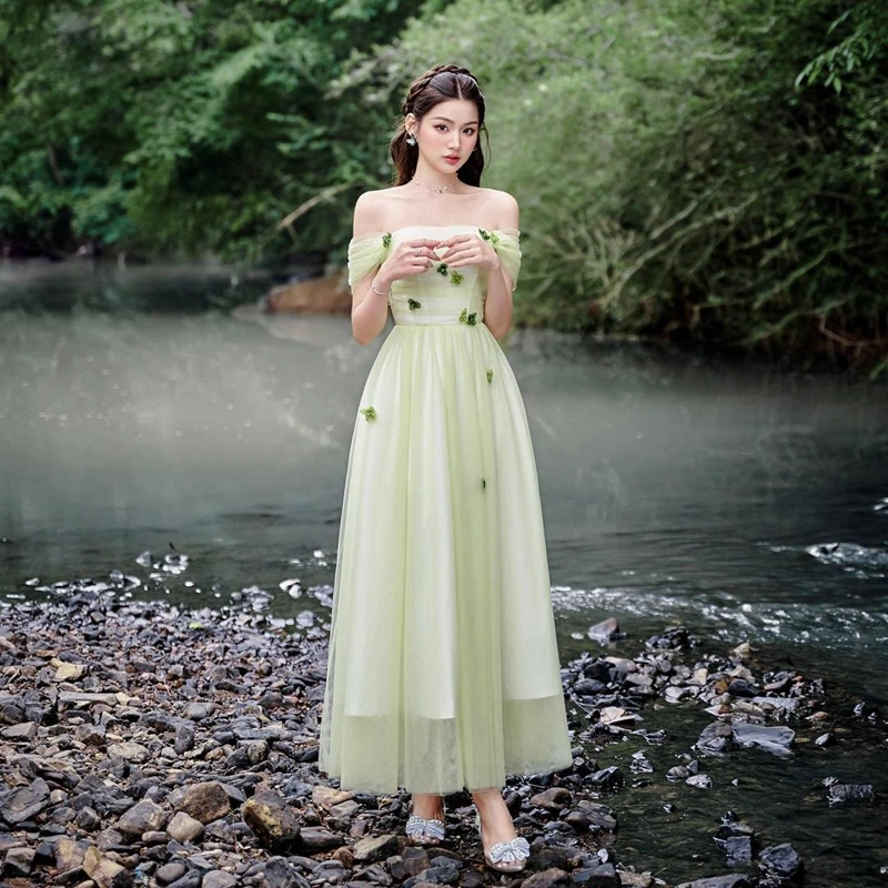 

Pretty Forest Green Tulle Women Dresses Off The Shoulder 3D Flowers Beading A line Summer Party Dress Mesh Girls Prom Gowns