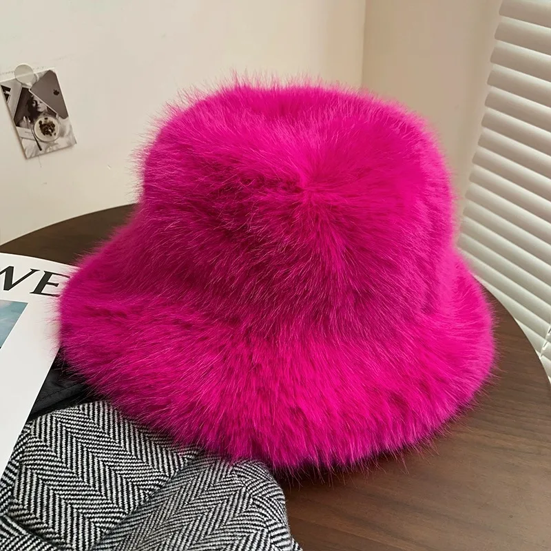 New Big Fluffy Faux Fur Bucket Hats for Women Luxury Plush Fisherman\'s Hat Winter Warm Fashion Colorful and Gorgeous Party Hat