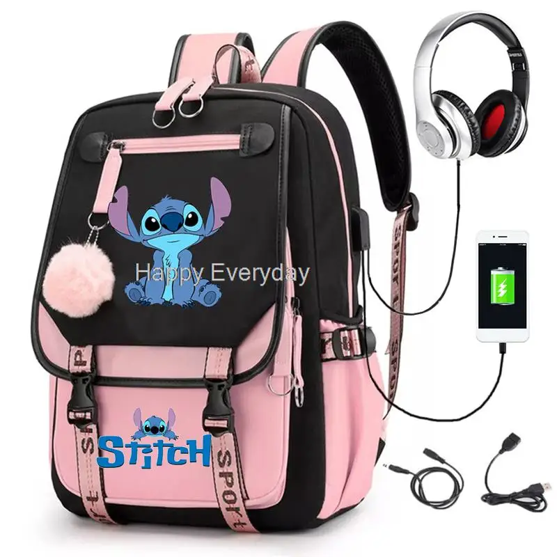 cartoon Lilo And Stitch School Bags Waterproof USB Casual Travel Backpack Women Capacity Travel Laptop Mochilas School