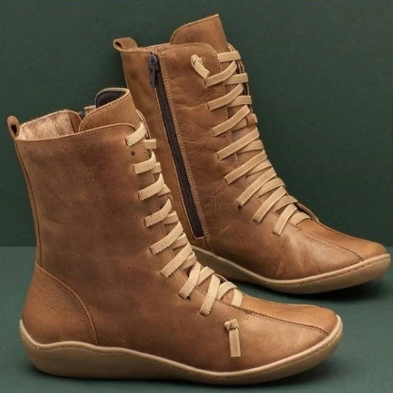 Women Boots Winter New Soft Leather Flat Shoes for Women Retro Fashion Matching Fur Lace Up Ankle Boots Women Zapatos De Mujer