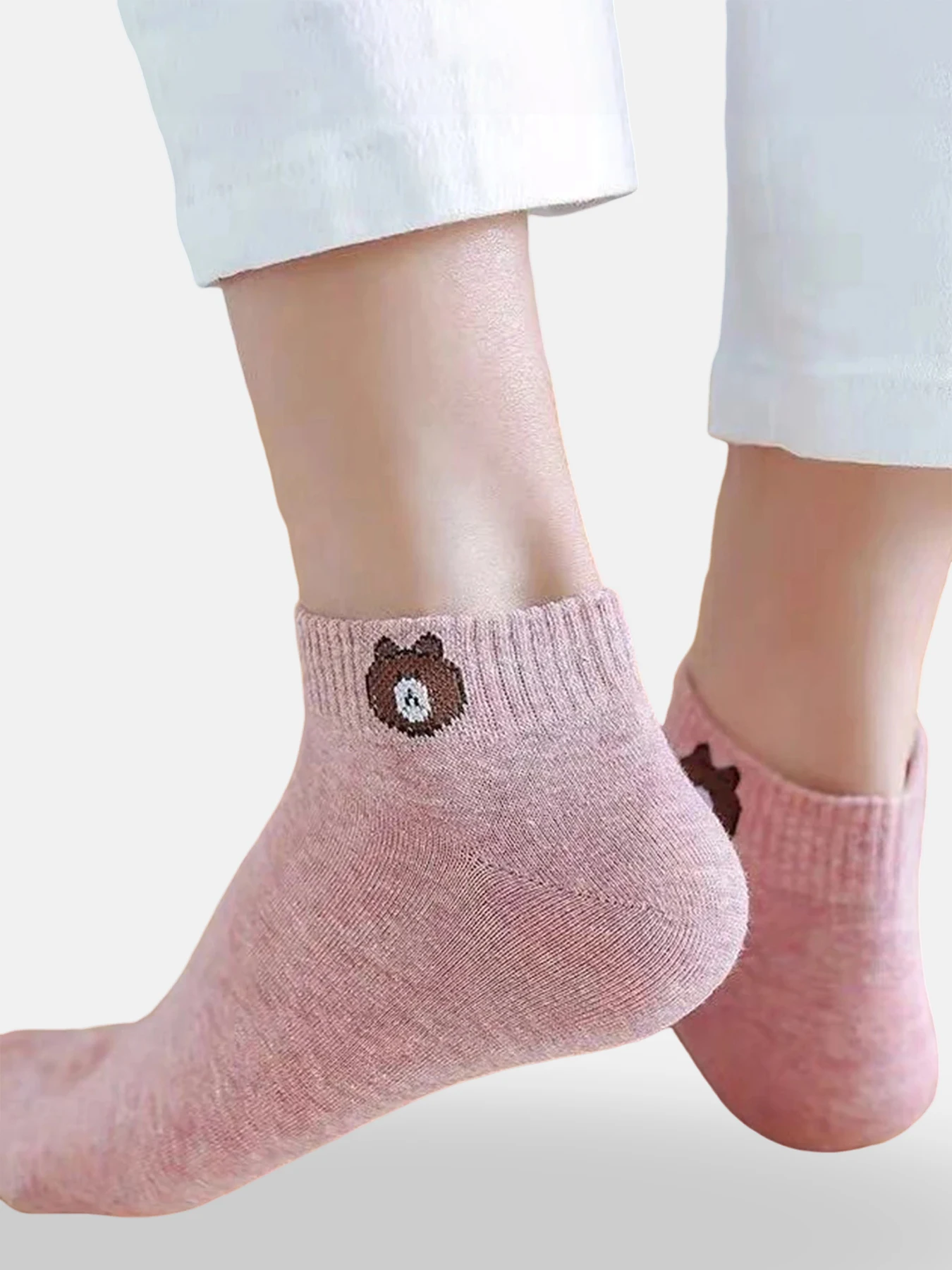 20 Pairs Women Cartoon Teddy Bear Patterned Ankle Socks Sweet Fashionable Versatile Socks Comfortable Lightweight Casual Socks