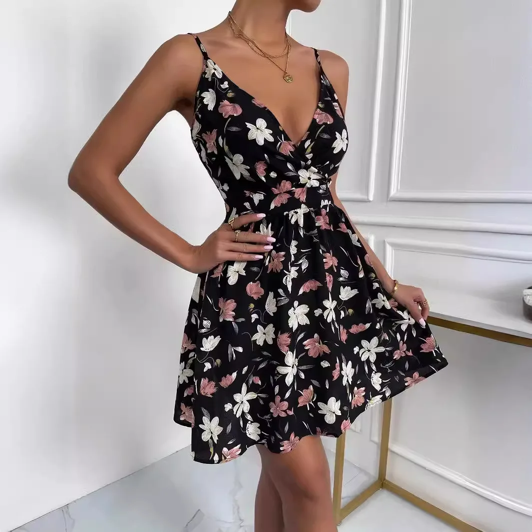 2025 Moda profondo scollo a V stampato floreale cinturino abito estivo per il tempo libero vacanza stile abito corto gonna temperamento per le donne