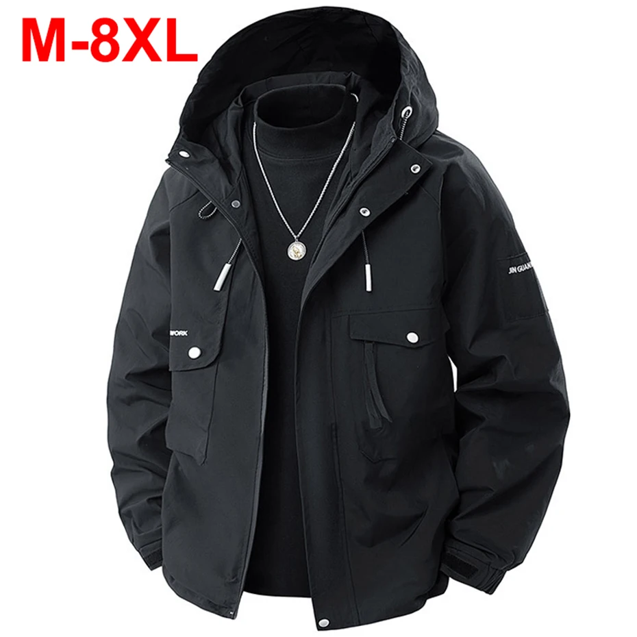 

Куртки больших размеров 8XL, весенне-осенние мужские ветровки с капюшоном, мужские ветрозащитные водонепроницаемые куртки большого размера 7XL