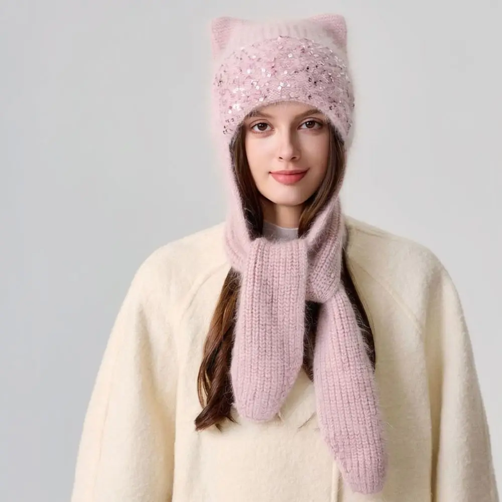 Sweet Style Cat Ear Knitted Hat Scarf Integration Winter Soft Warm Hooded Cap Fashion Cute Commuter Head Neck Warmer