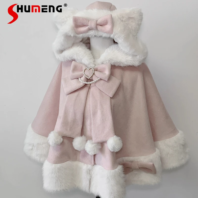 

Lolita Sweet And Cute Ponchos Short Wool Fleece-Lined Cape Japanese Rojita Style Long-sleeeves Big Bowknot Hooded Cloak Jacket