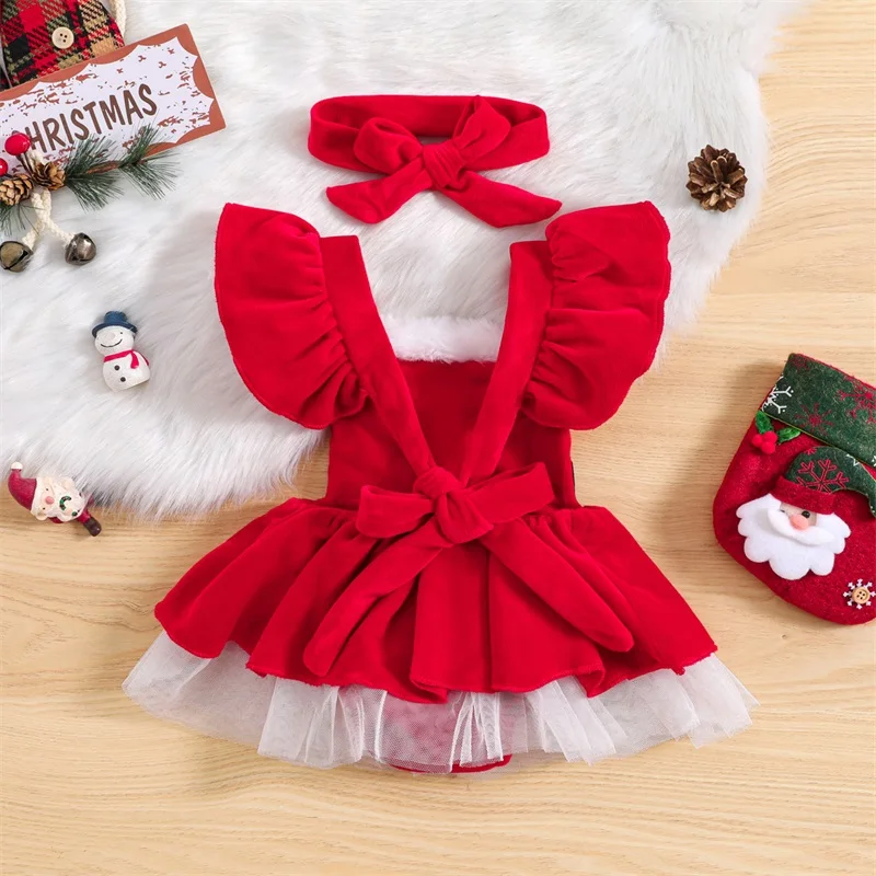 Suefunskry Baby Girls Christmas Outfits Long Sleeve Fur Trim Velvet Romper Dress + Headband Set Newborn XMAS Princess Clothes