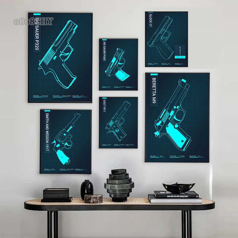Abstract Gun Blueprint Wall Art Pictures AK47 Gun Blueprint Posters Canvas Print Painting for Modern Home Living Room Decor Gift