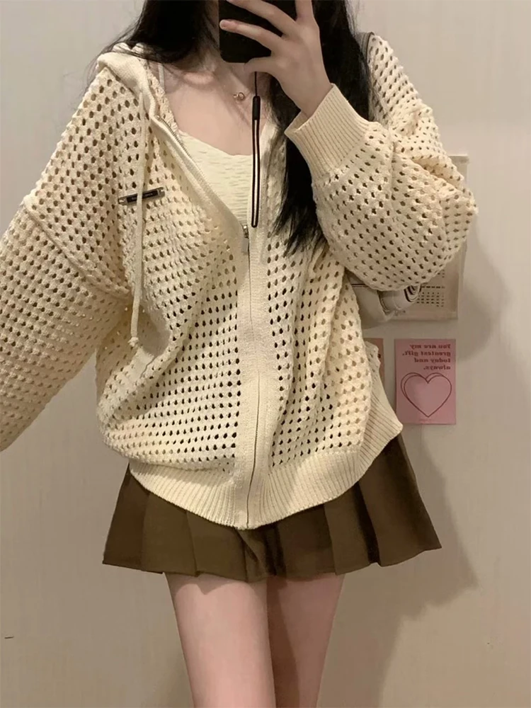 HOUZHOU Vintage Knit Mesh Coat for Women Hole Hooded Cardigan Long Sleeve Tee Male Casual Autumn Japanese Streetwear Hip Hop