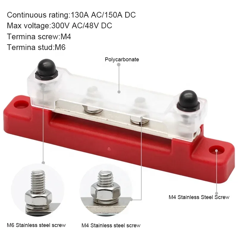 Bloque de terminales de barra colectora M6 de 12V 100A con cubierta Tornillo terminal de pernos terminales M4 48VDC 300VAC