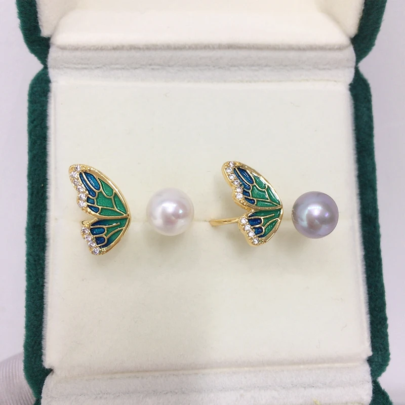 ZHBORUINI New Trendy Fine Pearl Ring Real Natural Pearl Enamel butterfly wings Ring Design Female Wedding jewelry Gift