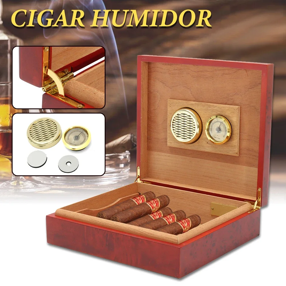 High Quality Gifts Cigar Humidor Box Wood Lined Portable Smoking Accessories Humidifier with Hygrometer Case Moisturizing Device