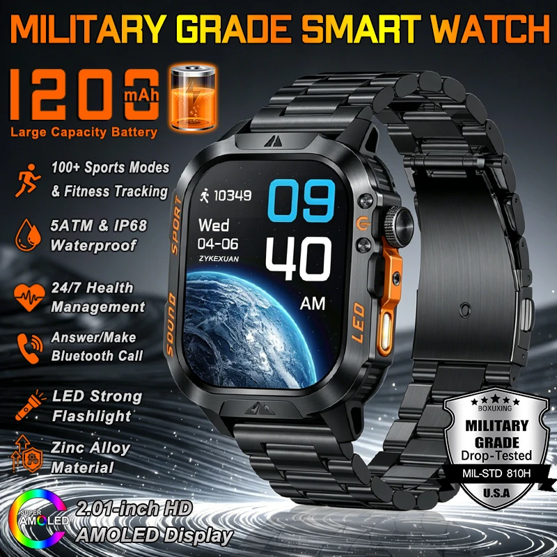 New 1200mAh Battery Military Smartwatch Men Fitness Tracker IP68 Waterproof Flashlight Health Monitor SmartWatch For iOS Android