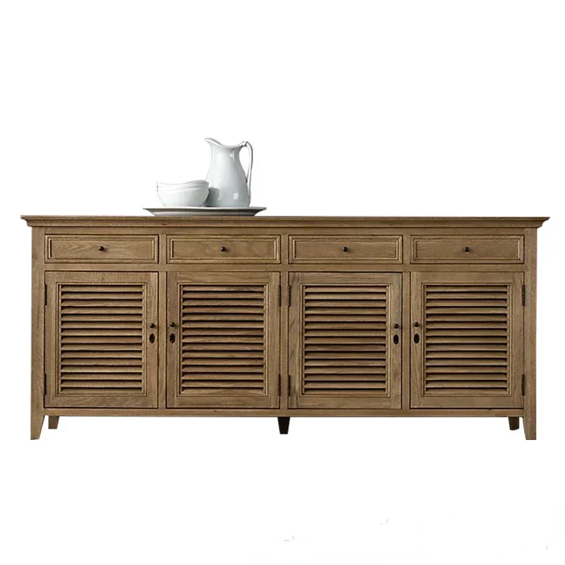 Solid Wood Sideboard Living Room Oak Vintage Shutter Cupboard Locker Four-Door Storage Cabinet