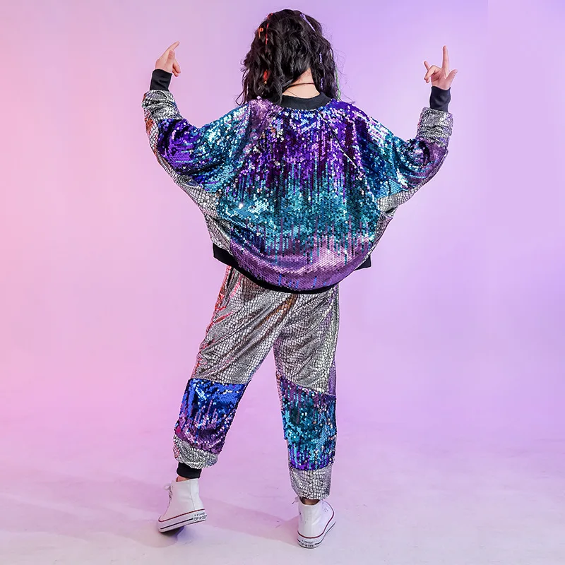 Street Jazz Dance Costume Performan Clothes Wear Kid Hip Hop abbigliamento cappotto con paillettes giacca pantaloni argento allentati per ragazze ragazzi