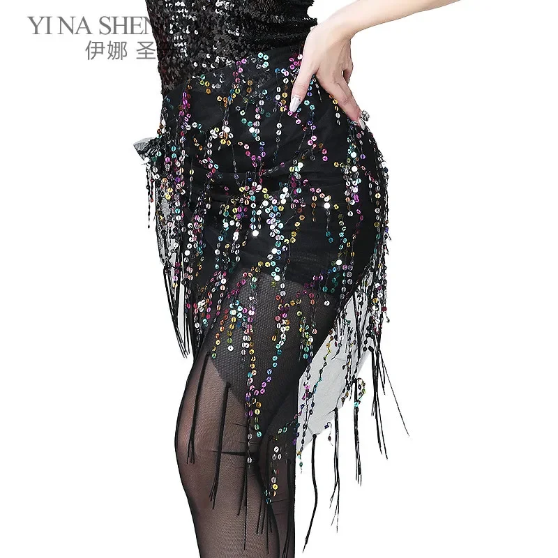 ผ้าพันเอวเต้นระบำหน้าท้องประดับเลื่อมและพู่ห้อย อุปกรณ์เต้นระบำหน้าท้องสไตล์อินเดีย เข็มขัดรัดเอวสำหรับฝึกเต้นระบำหน้าท้องสำหรับผู้หญิง ผ้าพันเอวรูปสามเหลี่ยม