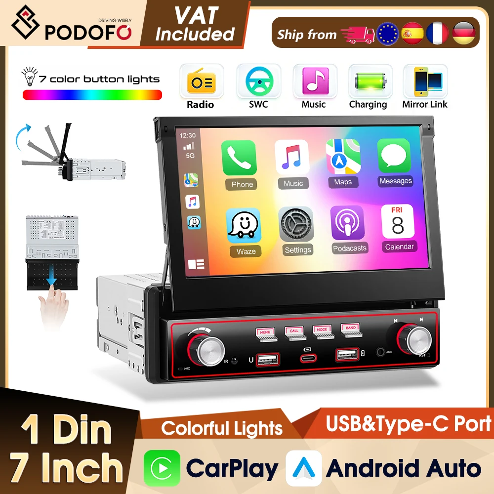 Podofo Universelles Autoradio 7 Zoll 1080P HD MP5 Auto-Multimedia-Player Bluetooth FM CarPlay Android Auto IPS-Bildschirm Intelligente Systeme