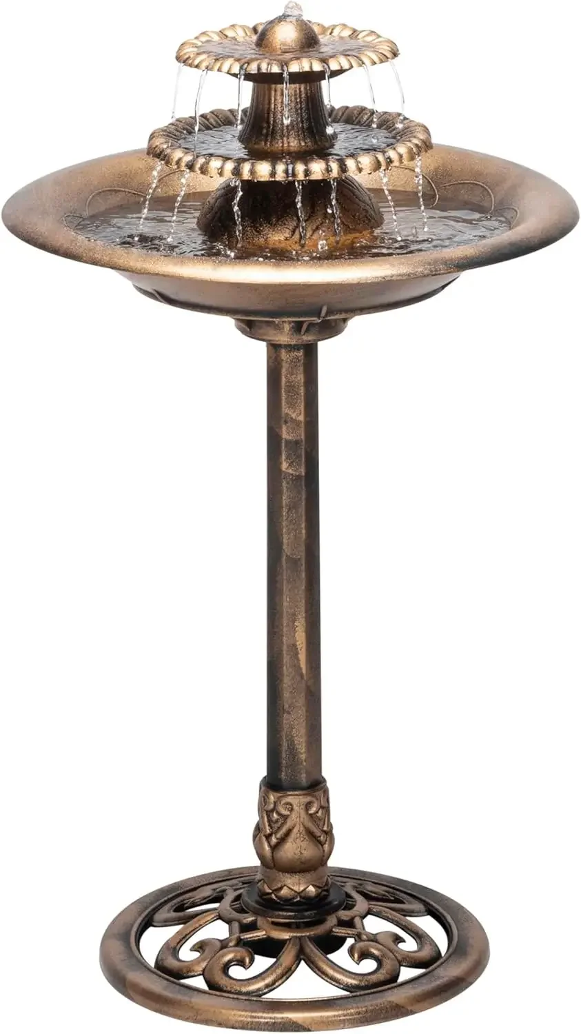 TEC106-BZ Outdoor Floor 3-Tiered Pedestal Water Fountain with Birdbath, Vintage Waterfall, 35