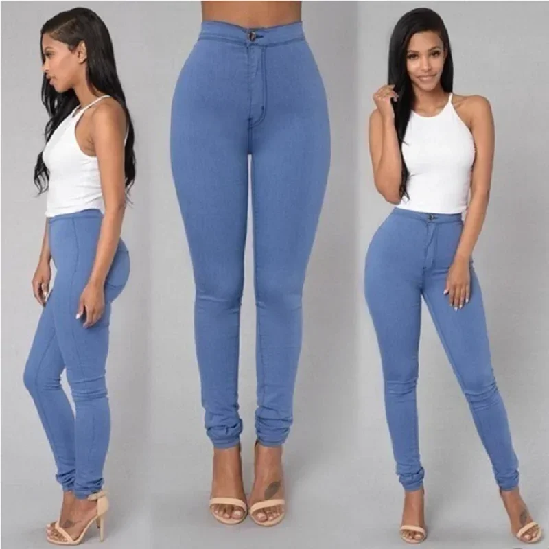 Cor sólida calças de brim magros mulher branco preto cintura alta render jeans vintage sexy calças compridas femme casual lápis calças jeans