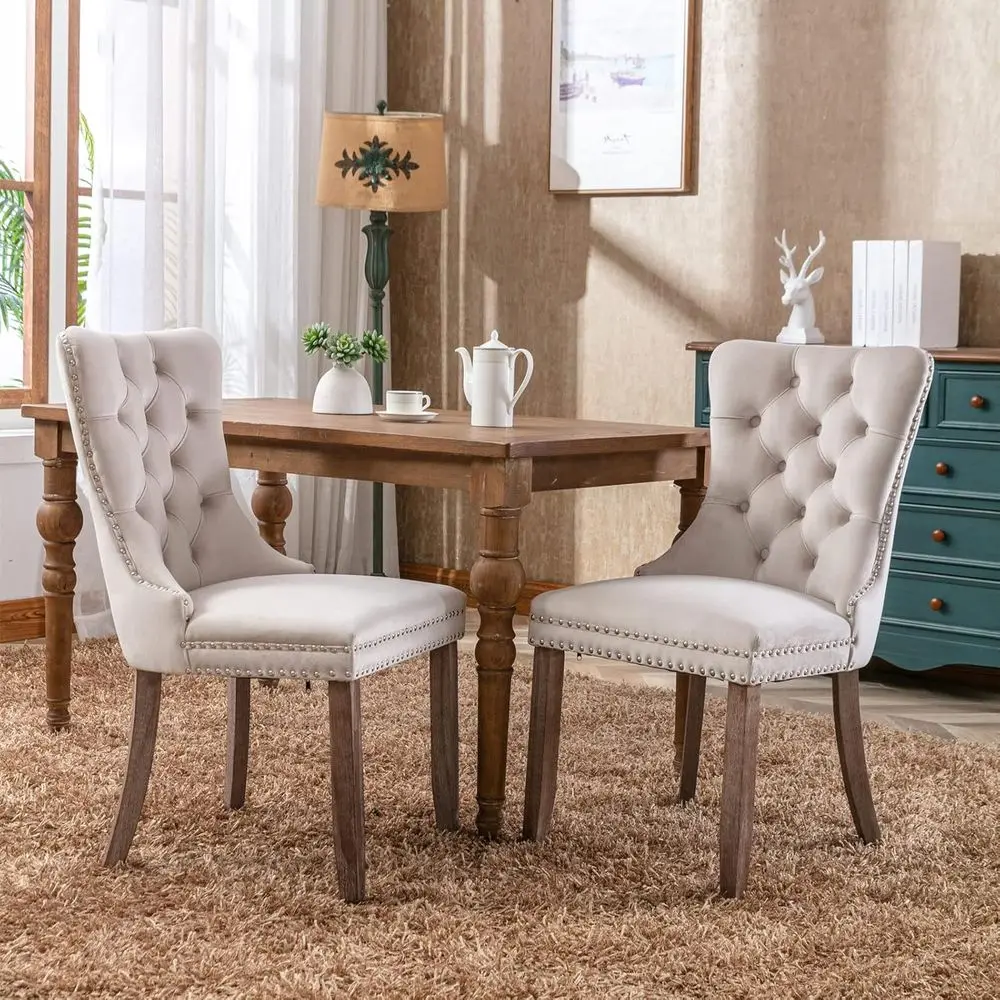 

Pair of Luxury Velvet Button-Tufted Accent Dining Chairs with Ring Pull and Nail Trim, 20 Seat Height (Beige)