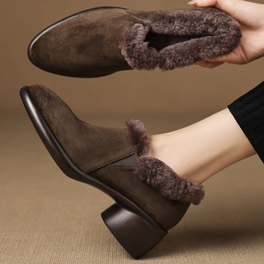 

Flokathy women's natural suede leather wool patchwork round toe short plush inside winter pumps 5cm med heel casual heels shoes