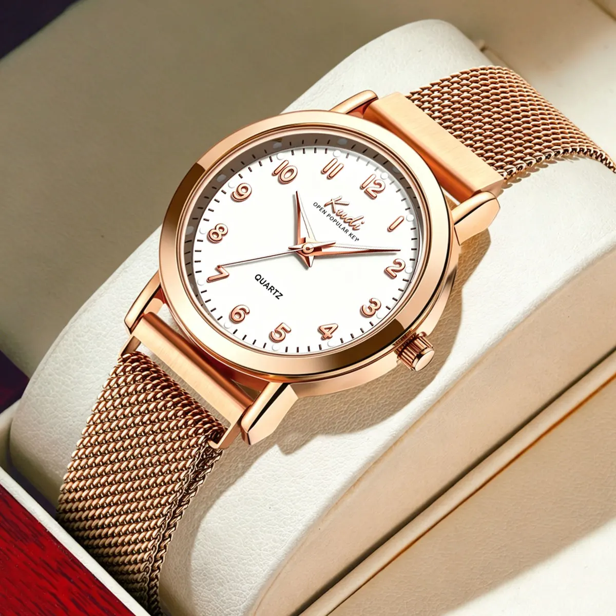 KUDI Original Women's Watch Fashion Milanese Mesh Rose Gold Casual Minimalist Digital Luminescent Wristwatch