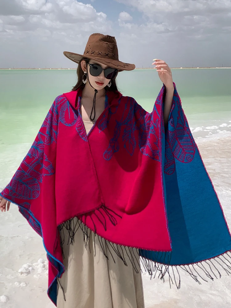 

Poncho Female Travel Windproof Fringe Cape Ethnic Style Pashimina Big Red Split Hooded Shawl Couple Cape Poncho Women