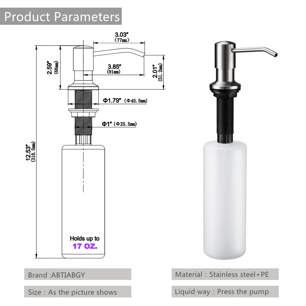 Dispensador de sabão líquido, dispensador de líquido de aço inoxidável 500ml 304 para pia de cozinha, níquel escovado, detergente de mão, bombas de